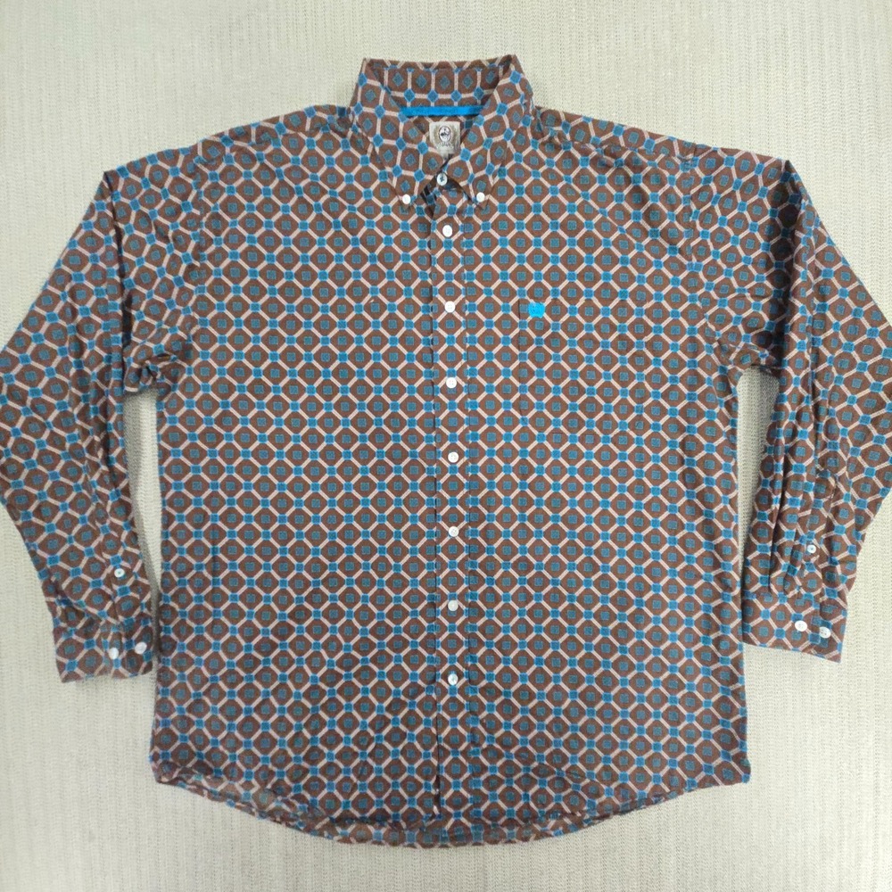 Cinch Shirt Mens XL Brown Blue Geometric Long Sleeve Button Up Western Casual